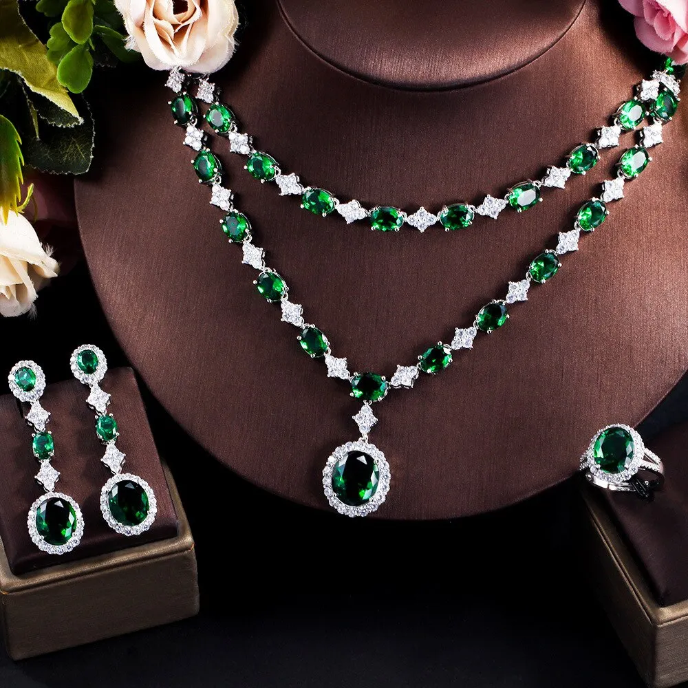 Emerald dinner dress wedding bridal jewelry set light luxury necklace,earring,bracelets,ring 4 sets for women SZT0241