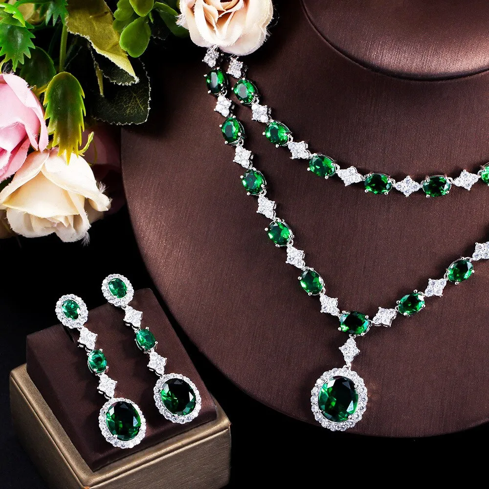 Emerald dinner dress wedding bridal jewelry set light luxury necklace,earring,bracelets,ring 4 sets for women SZT0241