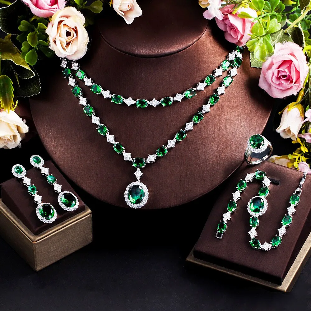 Emerald dinner dress wedding bridal jewelry set light luxury necklace,earring,bracelets,ring 4 sets for women SZT0241