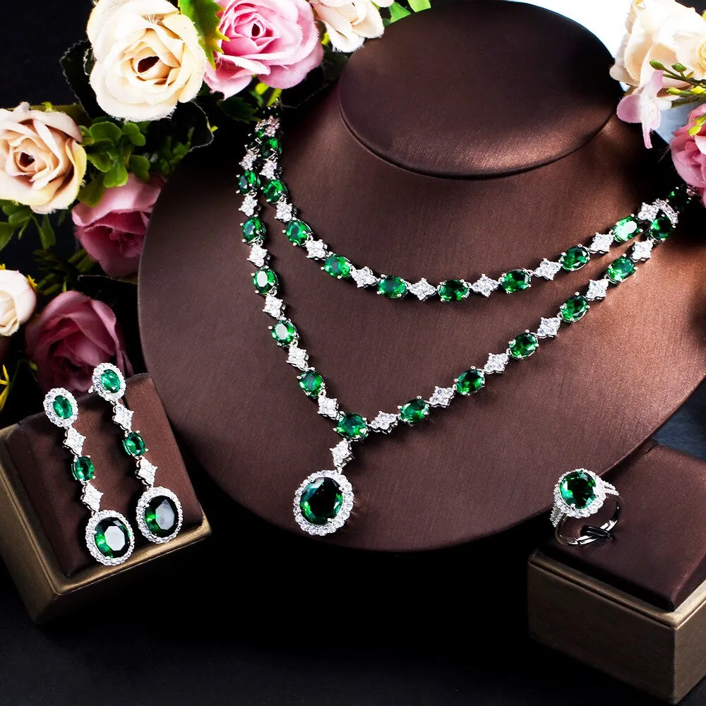 Emerald dinner dress wedding bridal jewelry set light luxury necklace,earring,bracelets,ring 4 sets for women SZT0241