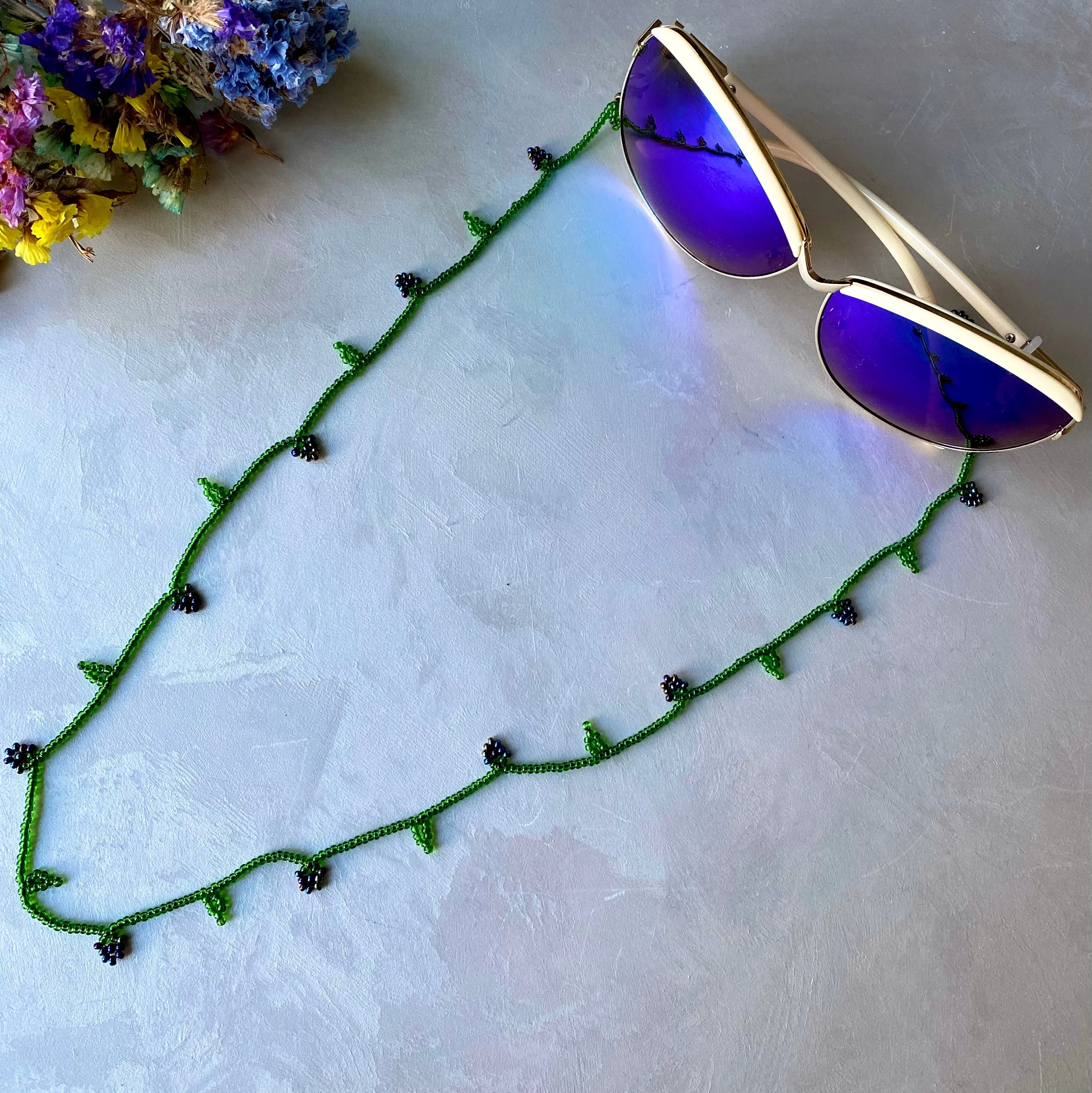 Emerald Navy Blue Seed Bead Berry Glasses Chain, Teacher Lanyard, Eyeglass chain, Sunglasses strap, Floral lanyard, Leaf Blackberry Lanyard