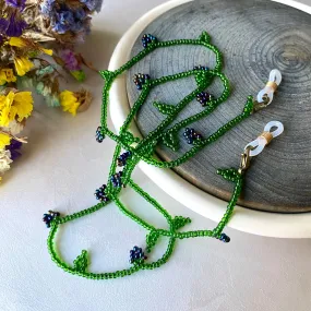 Emerald Navy Blue Seed Bead Berry Glasses Chain, Teacher Lanyard, Eyeglass chain, Sunglasses strap, Floral lanyard, Leaf Blackberry Lanyard