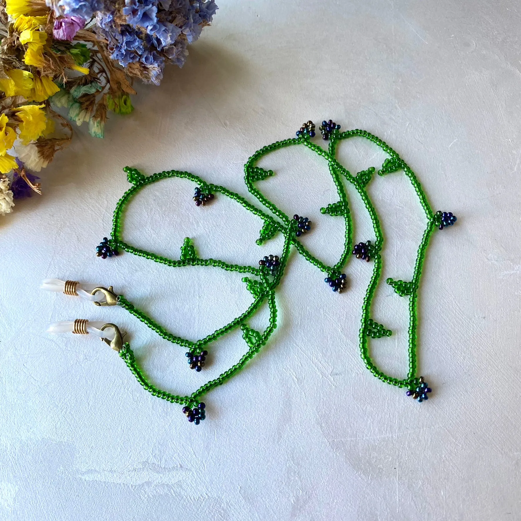 Emerald Navy Blue Seed Bead Berry Glasses Chain, Teacher Lanyard, Eyeglass chain, Sunglasses strap, Floral lanyard, Leaf Blackberry Lanyard