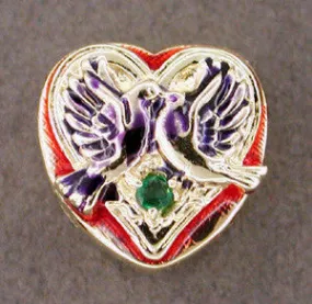 Enameled Lovebirds Emerald Set Heart Slide in 14 Karat Gold