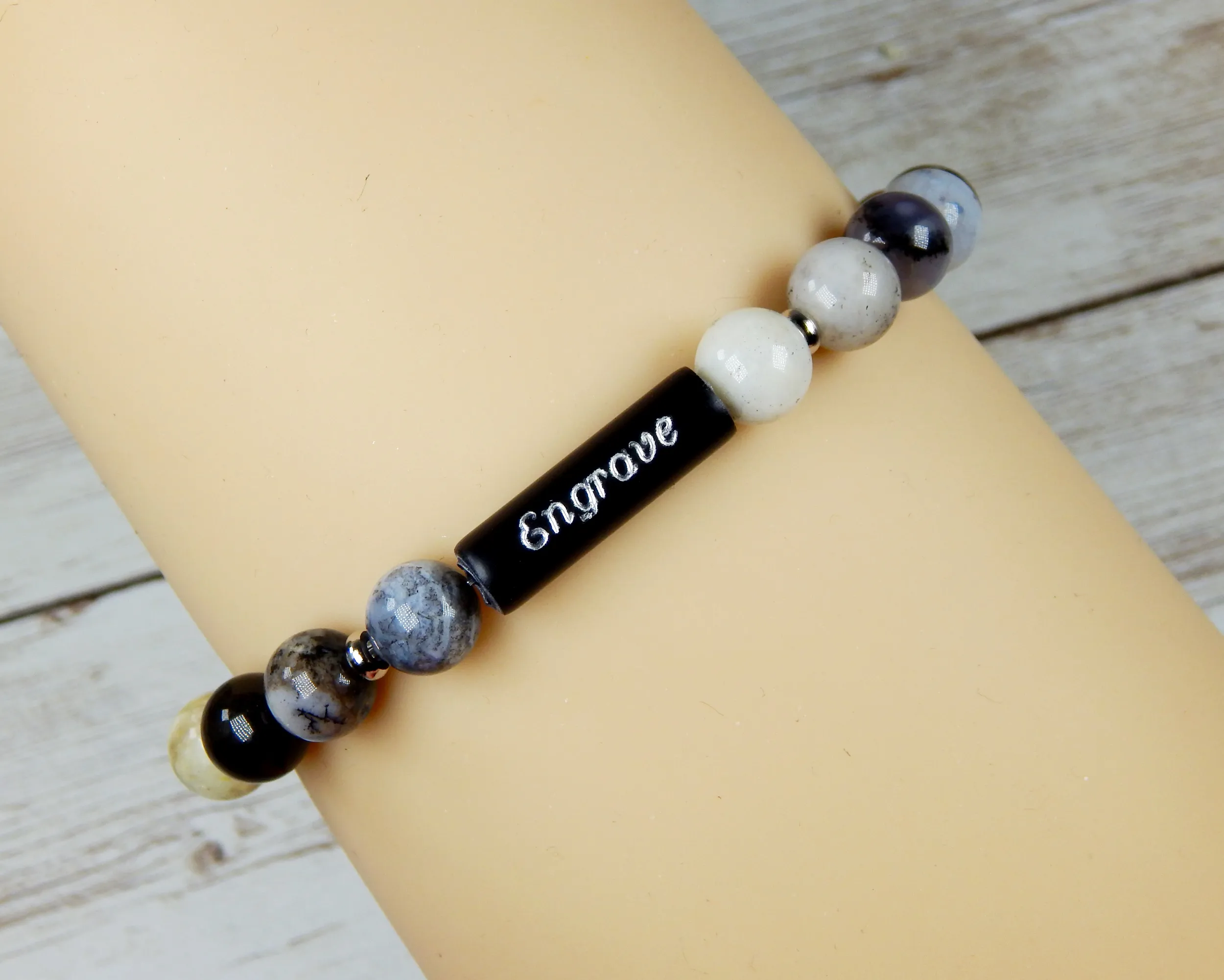 Engraved Bracelet - Agate Beaded Bracelet - Personalized Gift for Women