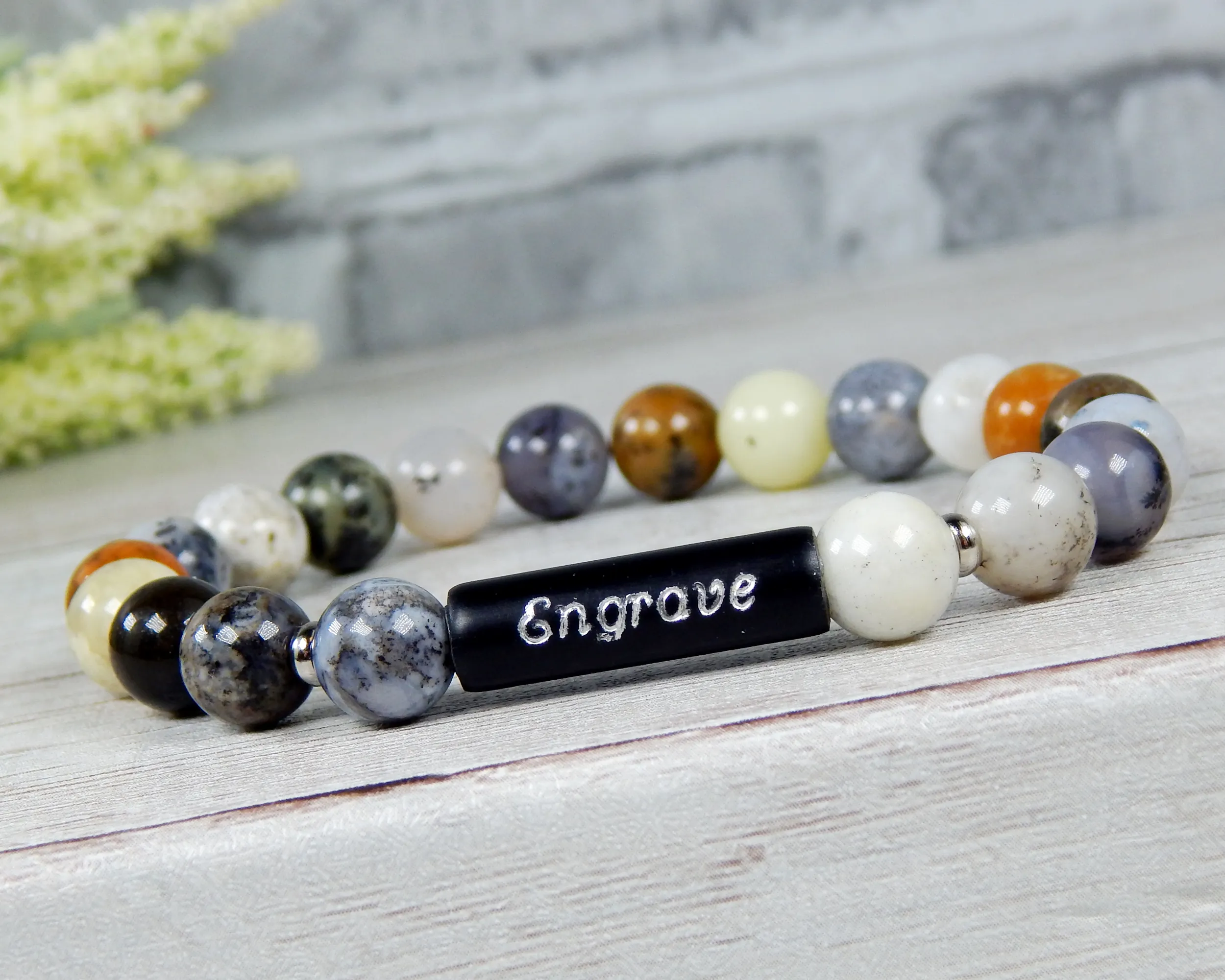 Engraved Bracelet - Agate Beaded Bracelet - Personalized Gift for Women