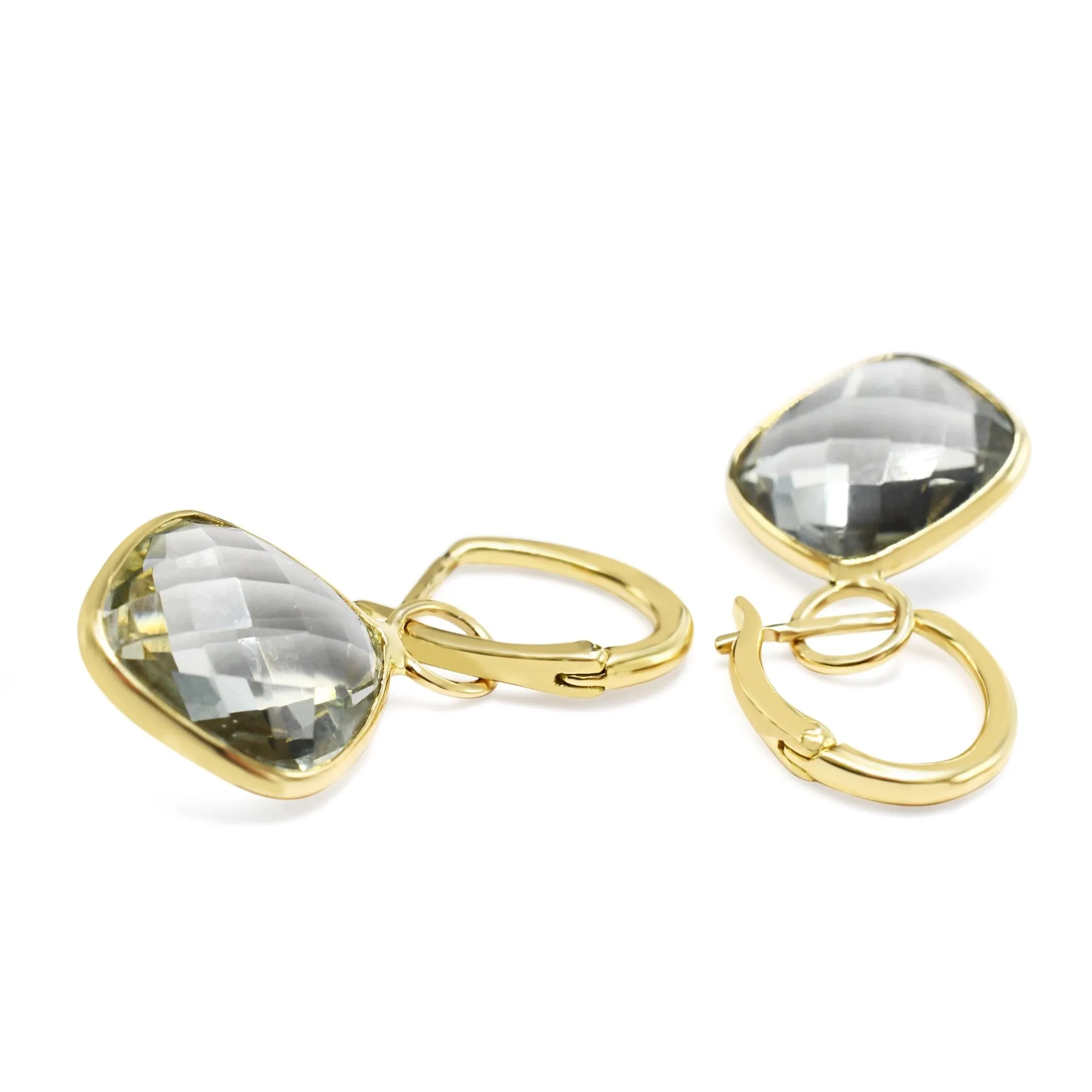 Faceted Cushion Shaped Green Amethyst Drop Earrings - 18ct Yellow Gold