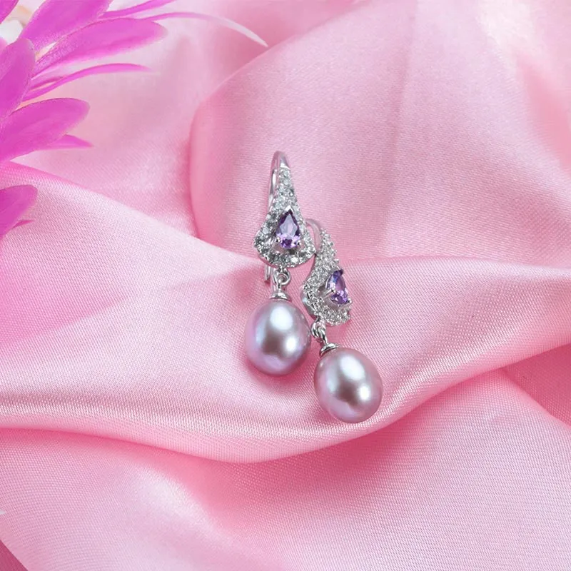 Fashion Purple Austrian Crystal Drop Earrings Hot Selling 925 sterling silver Jewelry with Natural freshwater pearl