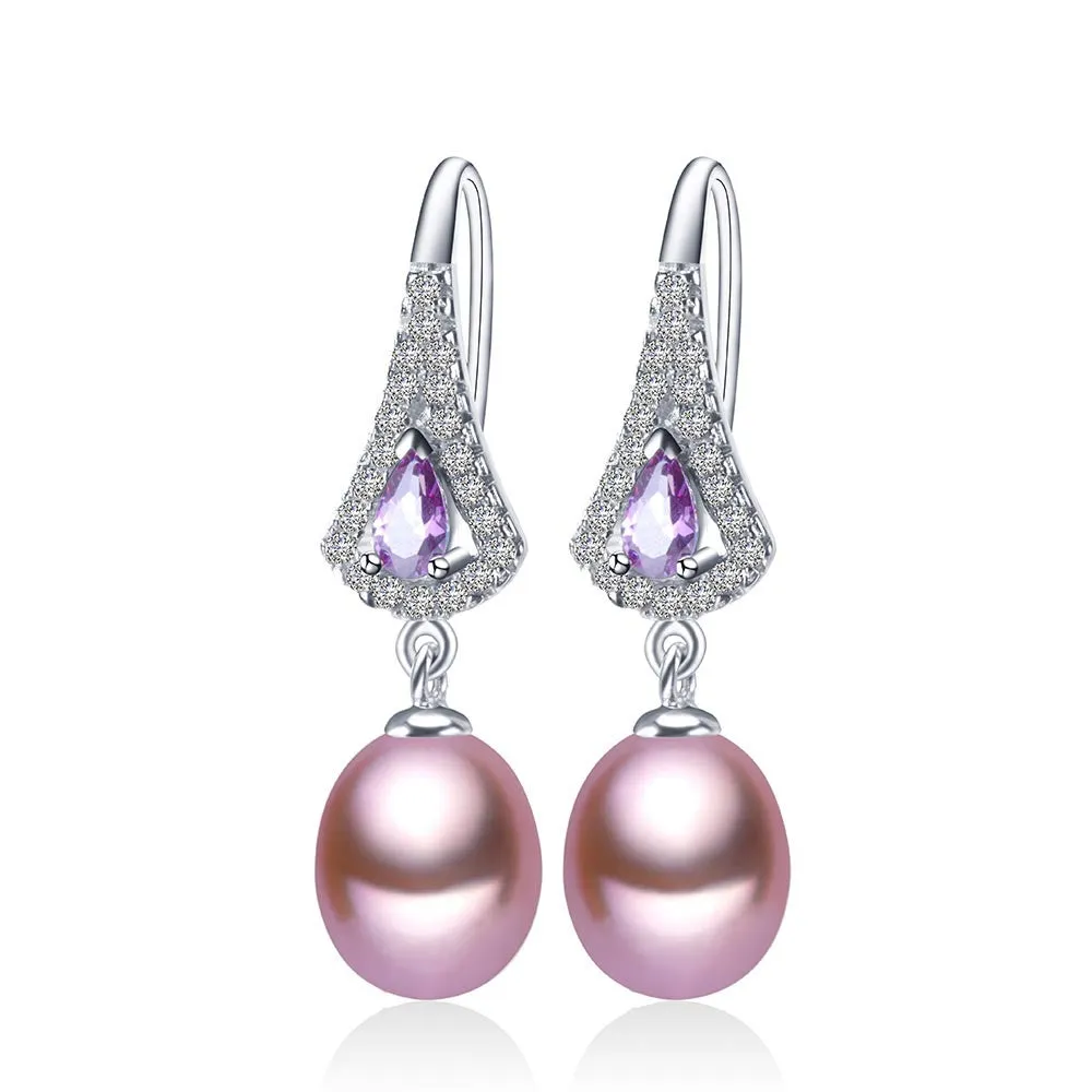 Fashion Purple Austrian Crystal Drop Earrings Hot Selling 925 sterling silver Jewelry with Natural freshwater pearl