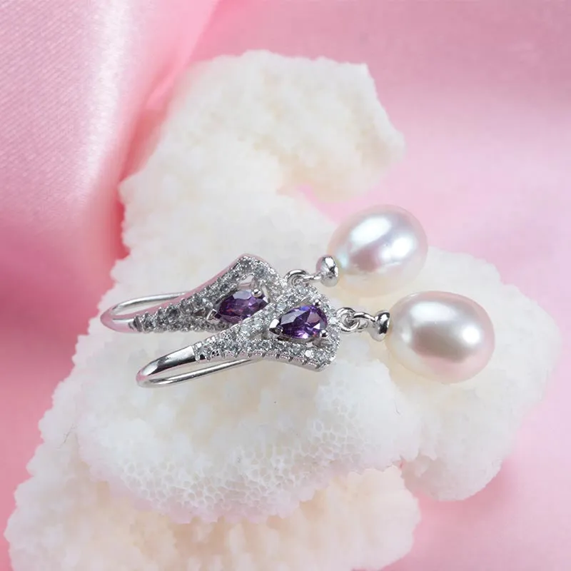 Fashion Purple Austrian Crystal Drop Earrings Hot Selling 925 sterling silver Jewelry with Natural freshwater pearl