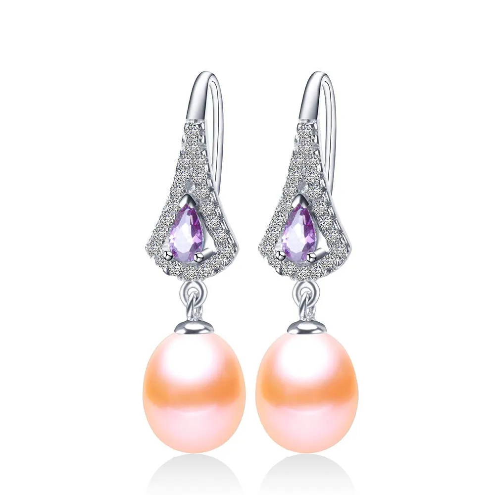 Fashion Purple Austrian Crystal Drop Earrings Hot Selling 925 sterling silver Jewelry with Natural freshwater pearl