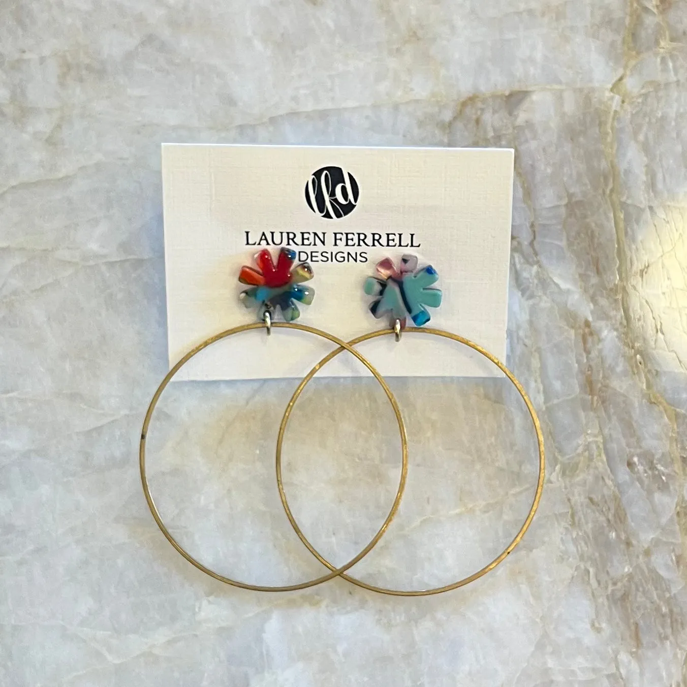 Flower Post Brass Hoop Earrings