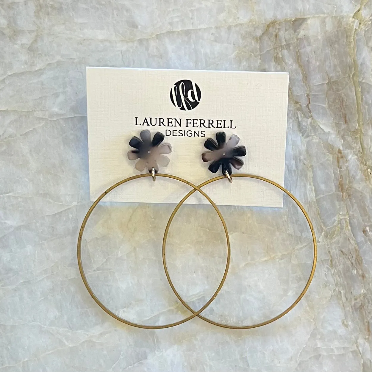 Flower Post Brass Hoop Earrings