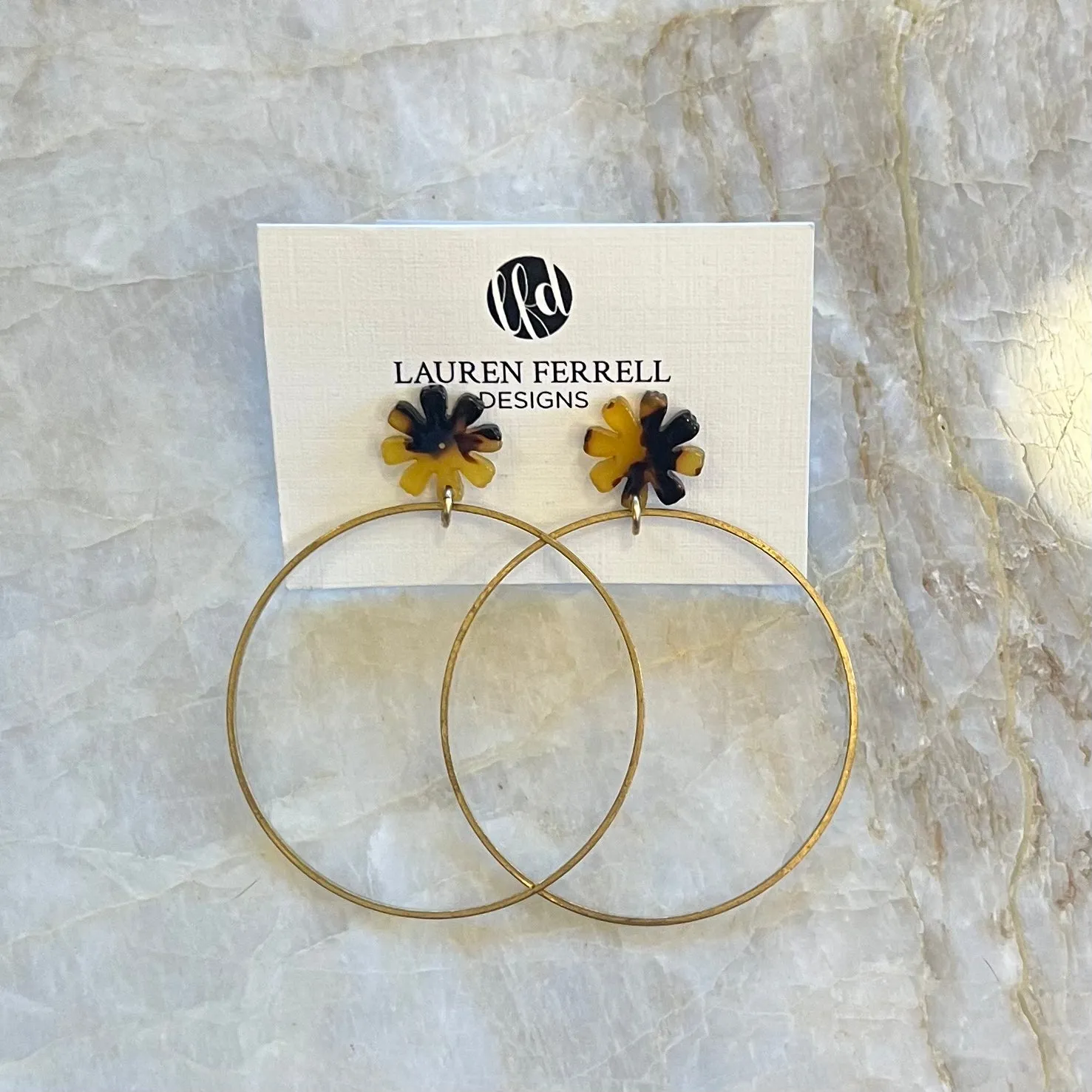 Flower Post Brass Hoop Earrings