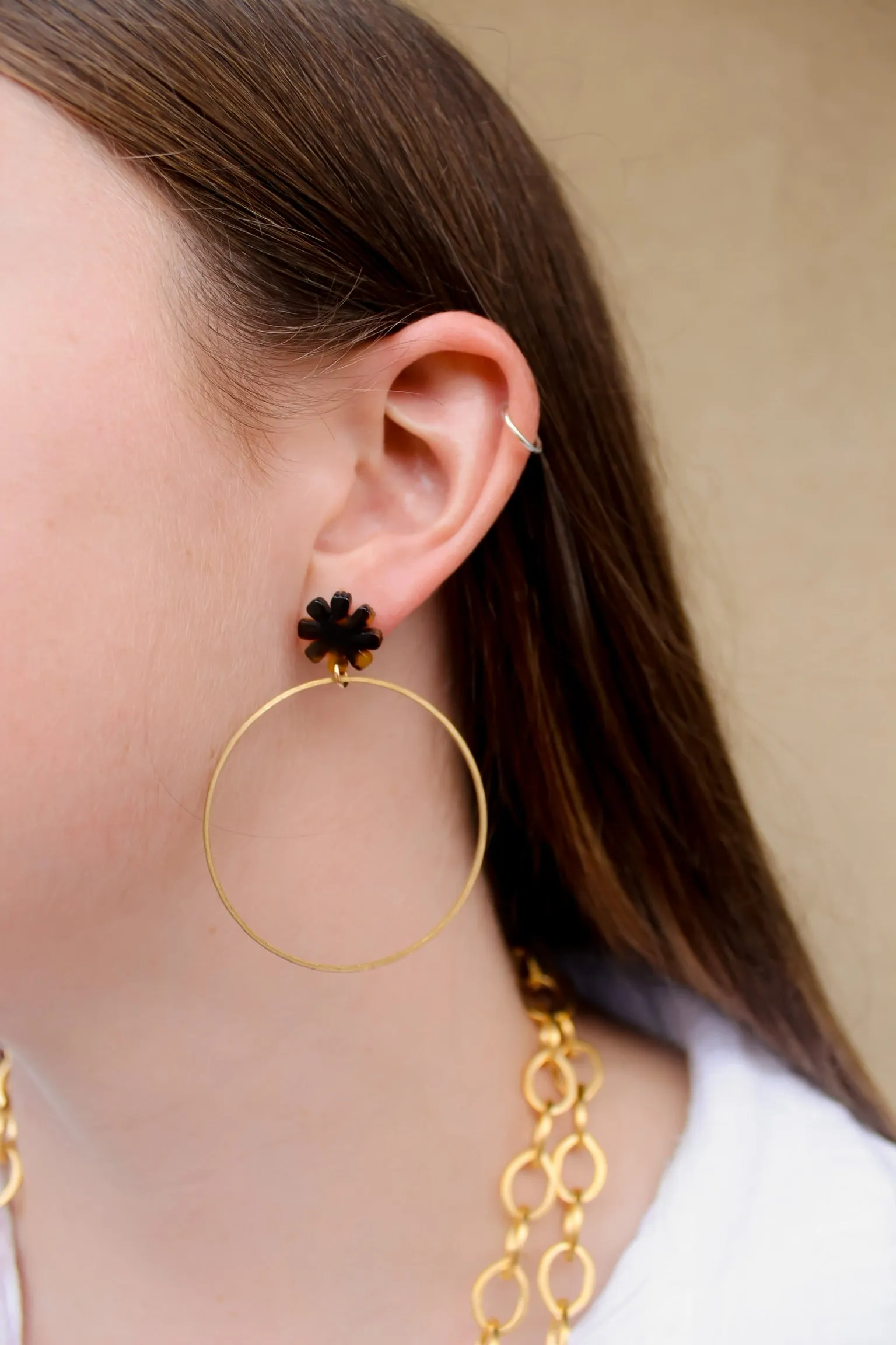 Flower Post Brass Hoop Earrings