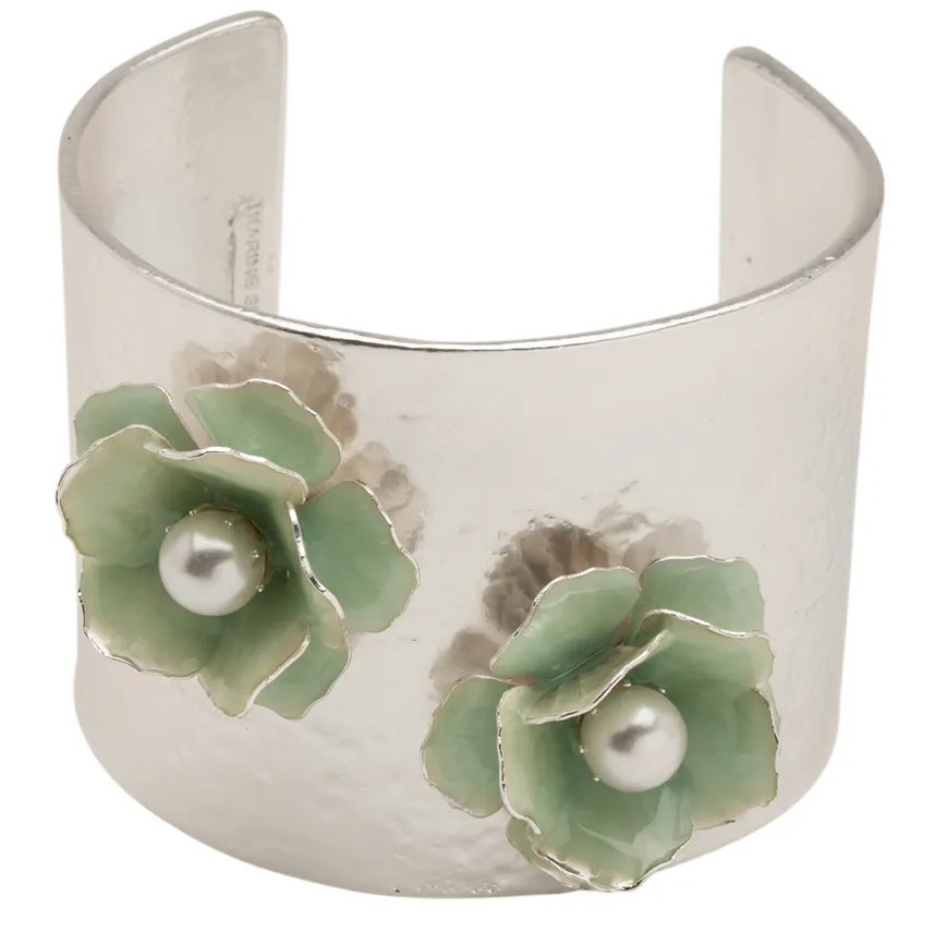 Flower Silver Textured Cuff