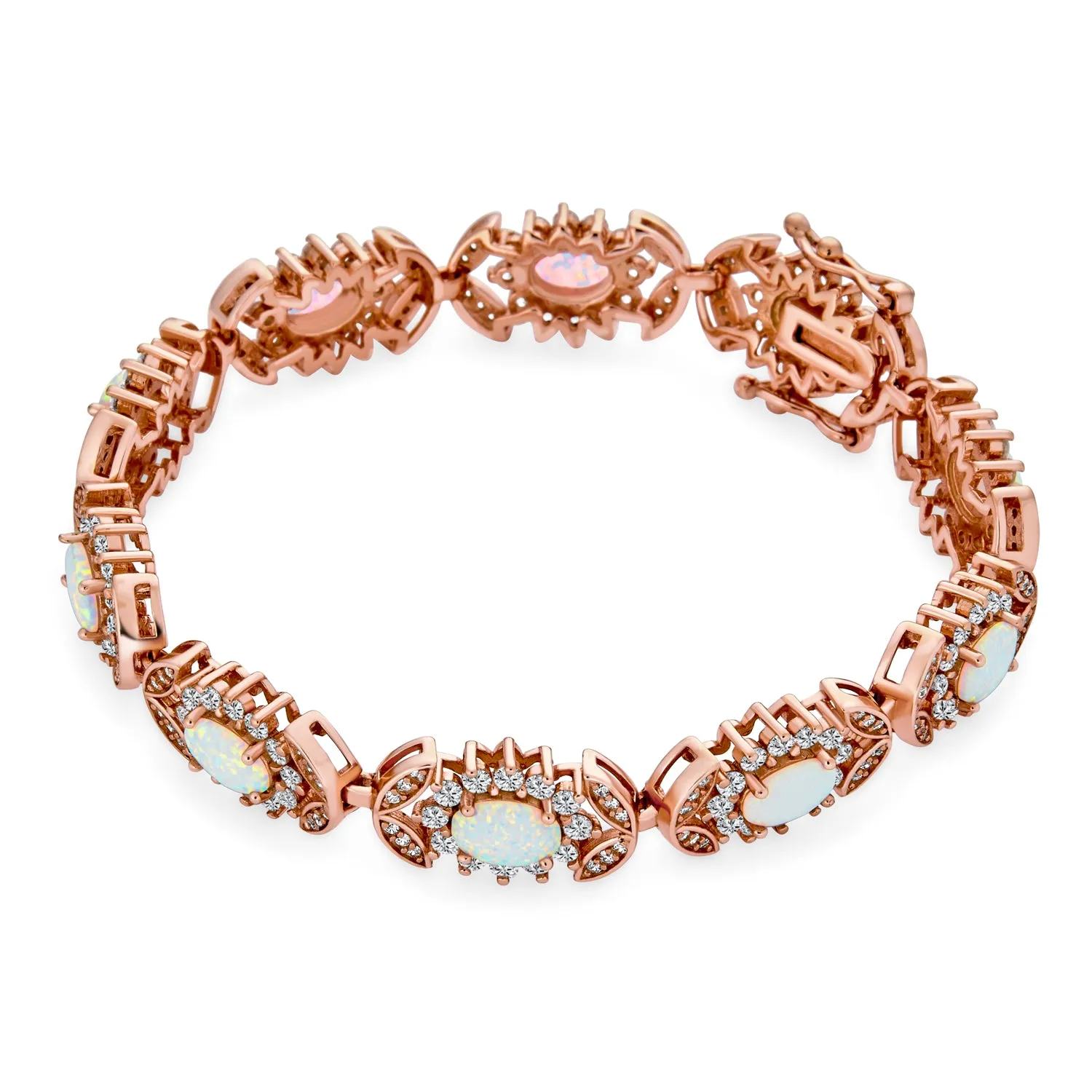 Gemstone CZ & Opal Tennis Bracelet Vintage Style Rose Gold Sterling Silver 7 Inch