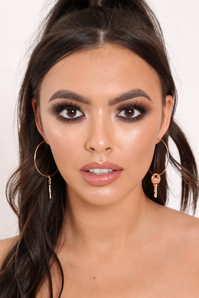 Gold Key Drop Hoop Earrings - Calii