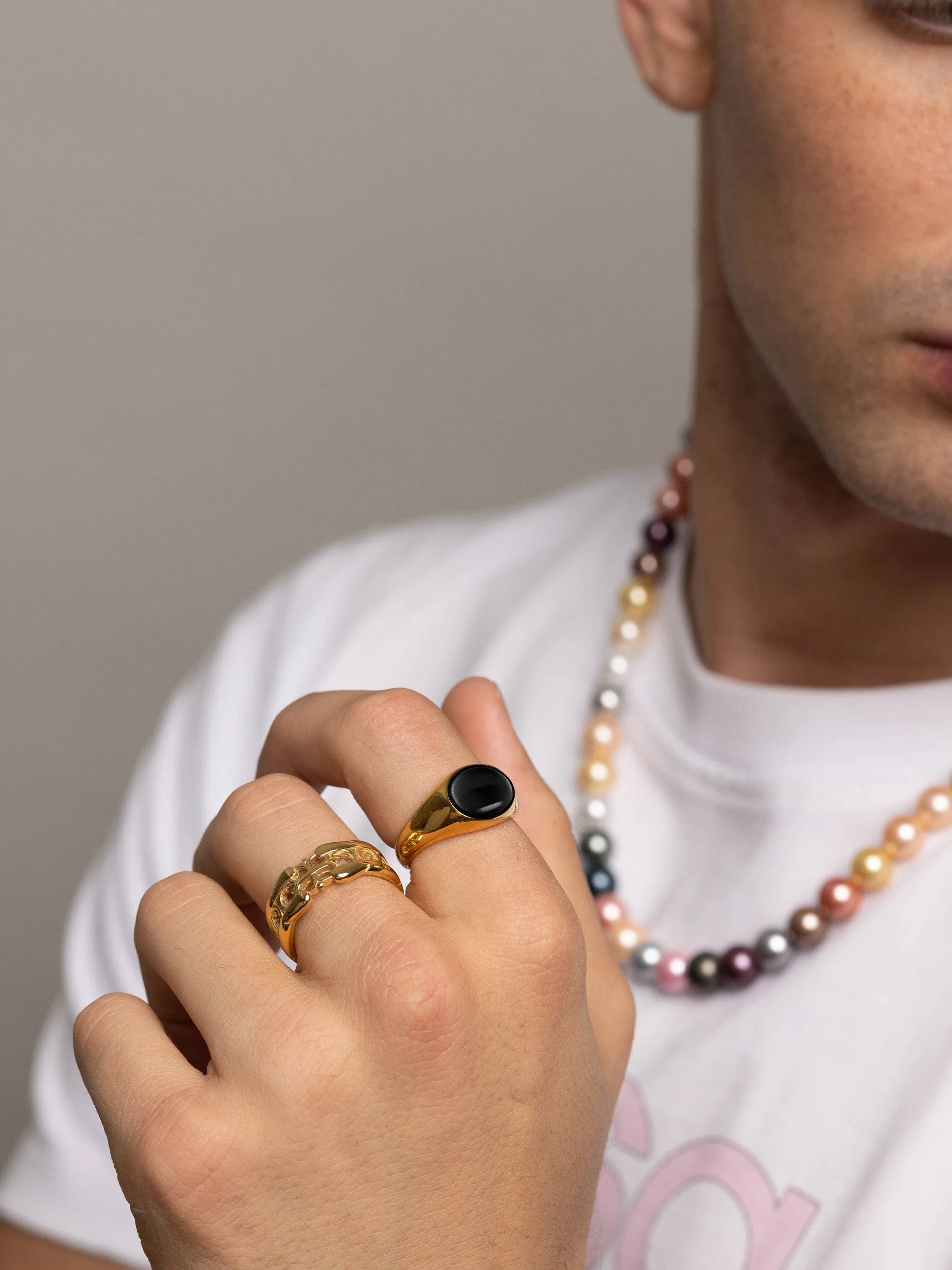 Gold Oval Signet Ring with Black Onyx