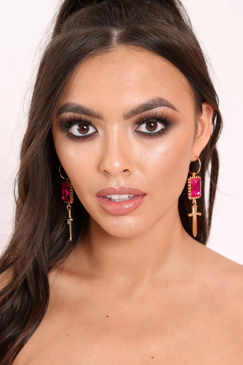 Gold Pink Jewel Sword Drop Hoop Earrings - Eden