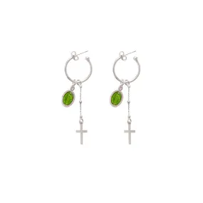 GREEN MIRACULOUS MEDAL - HOOP EARRINGS - SILVER