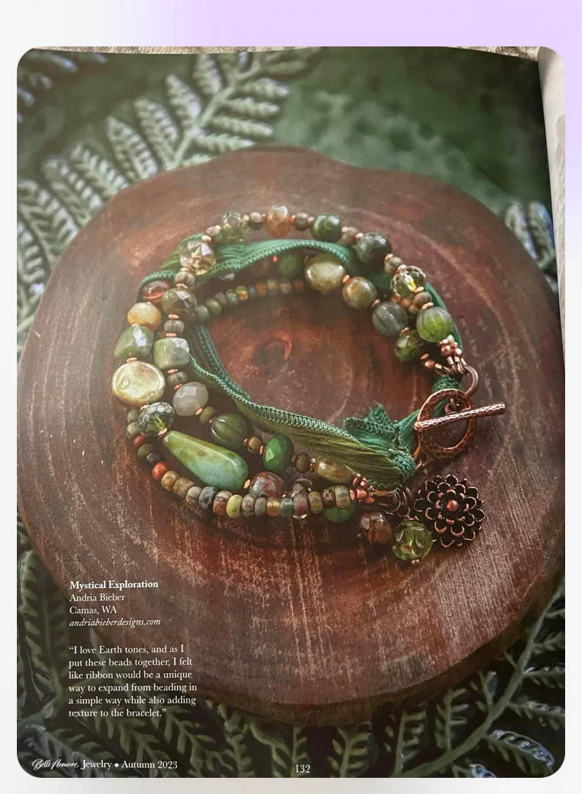 Green ribbon and czech glass bracelet. As seen in Belle Armoire, KIT.