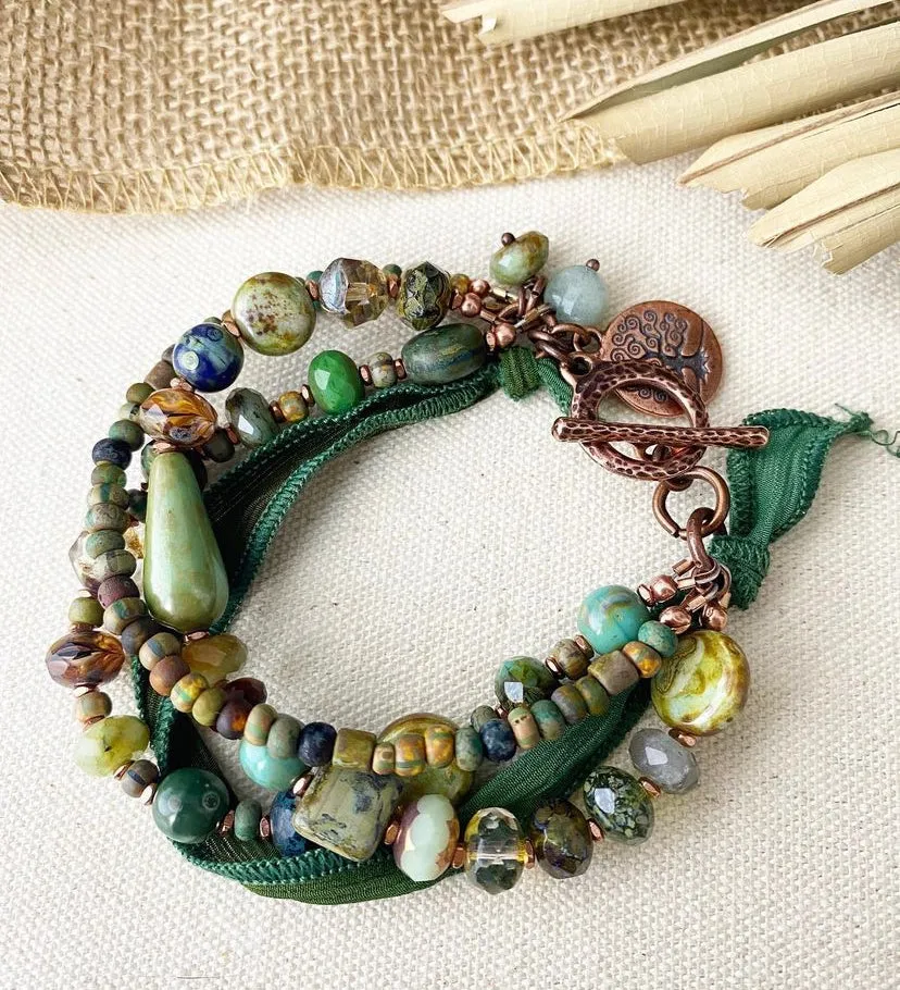 Green ribbon and czech glass bracelet. As seen in Belle Armoire, KIT.