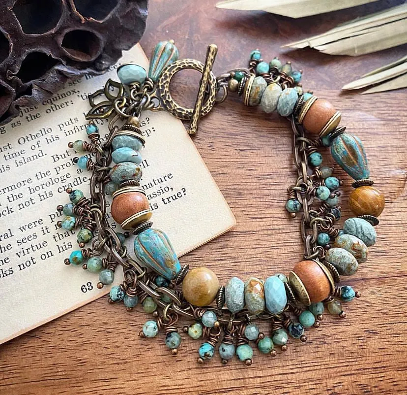 Green turquoise stone, sandalwood, Czech glass, Jasper, and bronze metal wire wrapped bracelet.