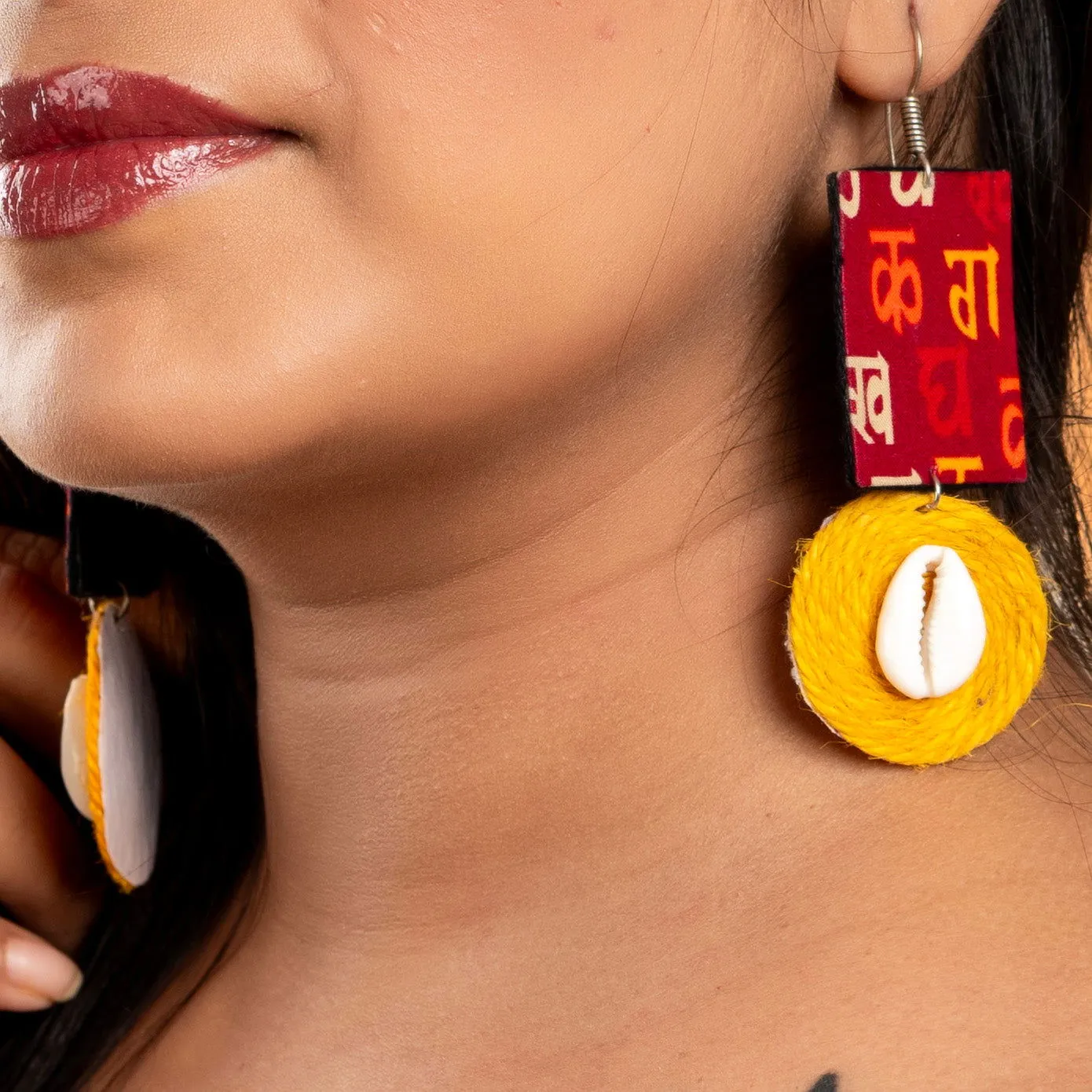 Handmade Fabric Earrings - Red Block Print with Yellow Jute Cowrie, Non-Allergic