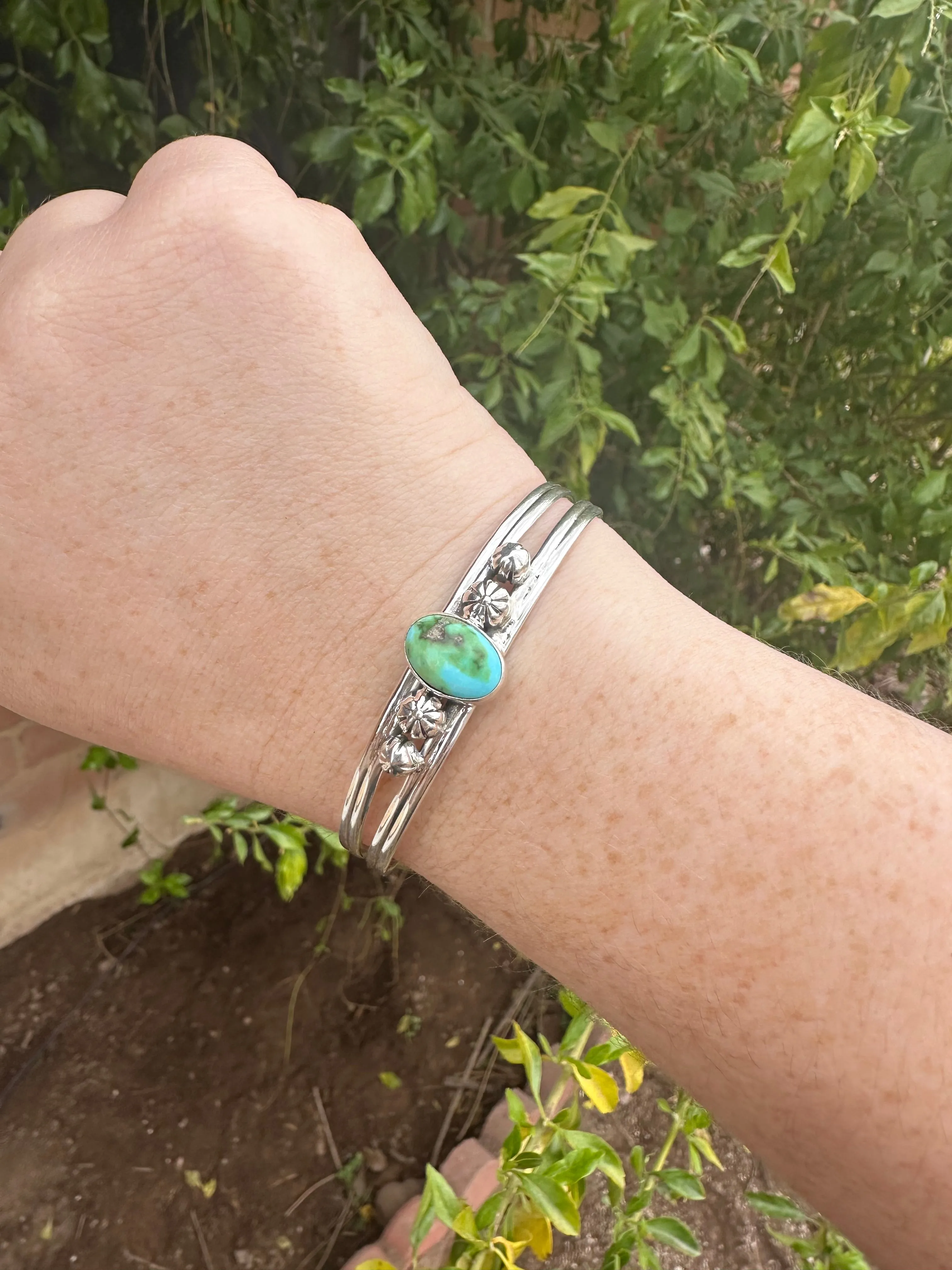 Handmade Sonoran Gold Turquoise & Sterling Silver Single Stone Adjustable Cuff Bracelet MORE BLUES