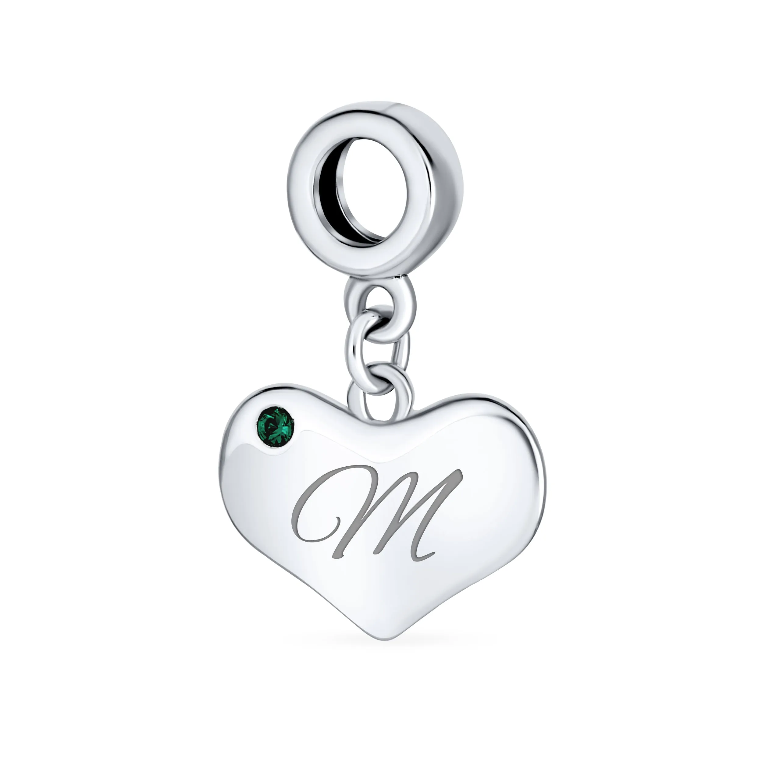 Initial Alphabet Bead Charm with Emerald Crystal Heart for European Bracelet