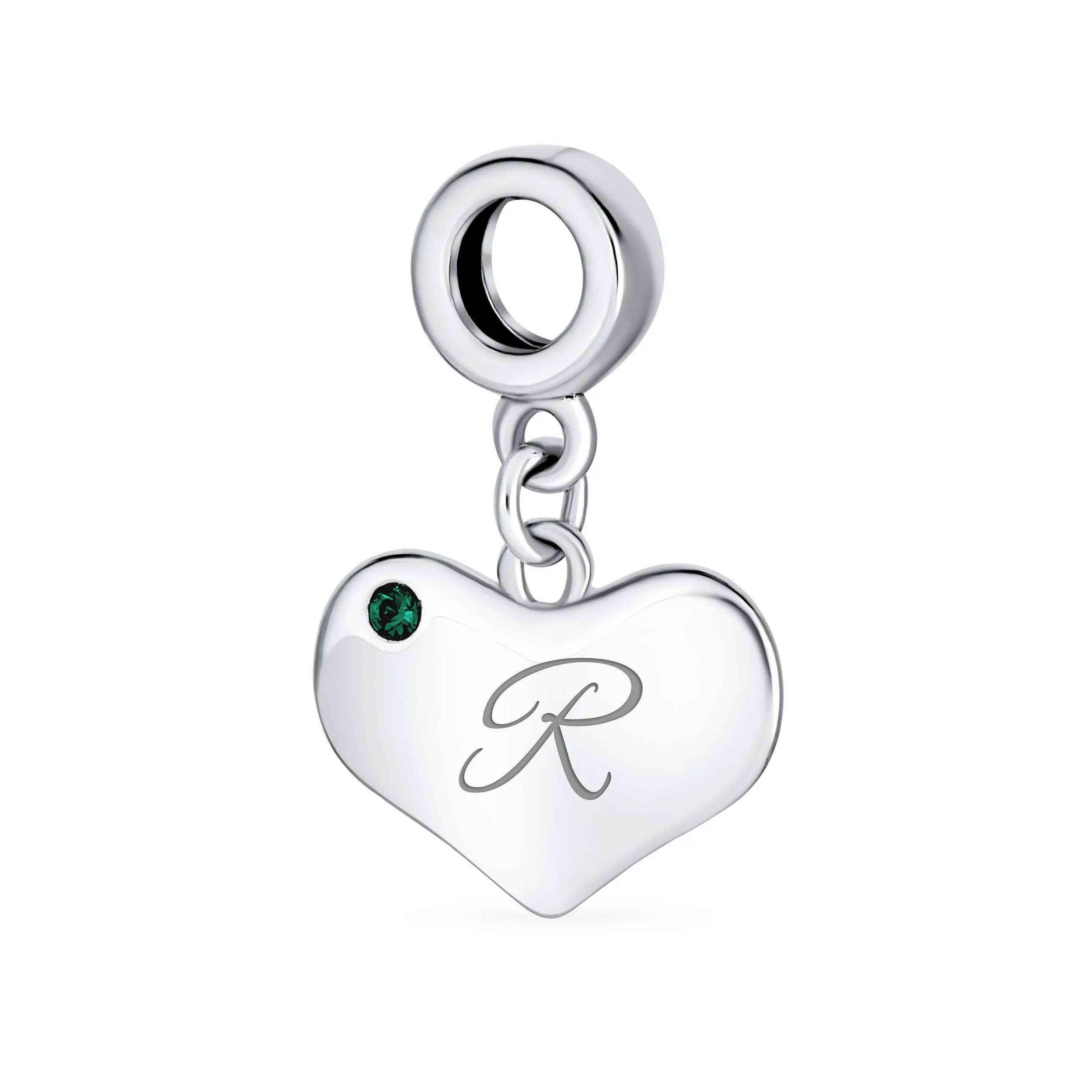 Initial Alphabet Bead Charm with Emerald Crystal Heart for European Bracelet