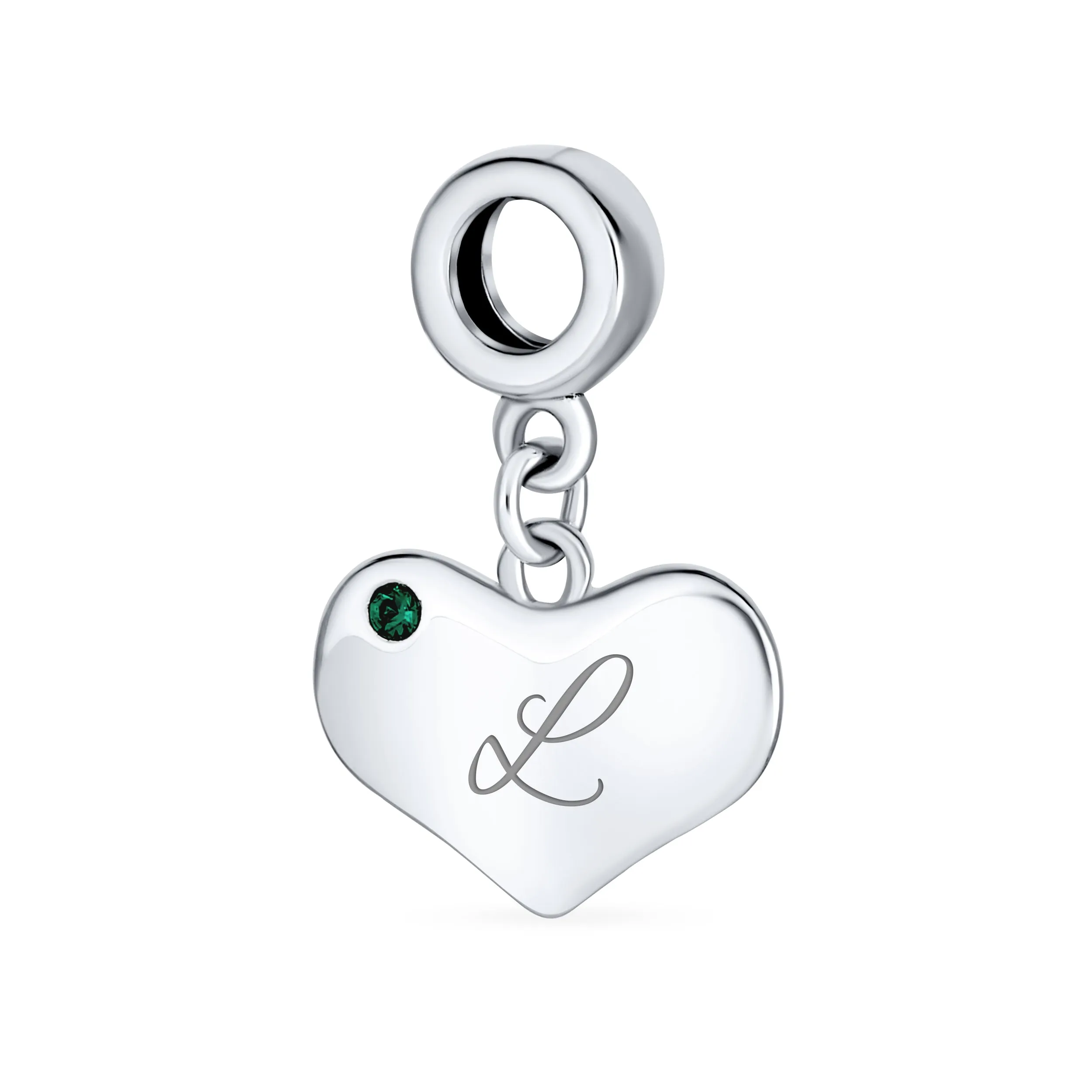 Initial Alphabet Bead Charm with Emerald Crystal Heart for European Bracelet