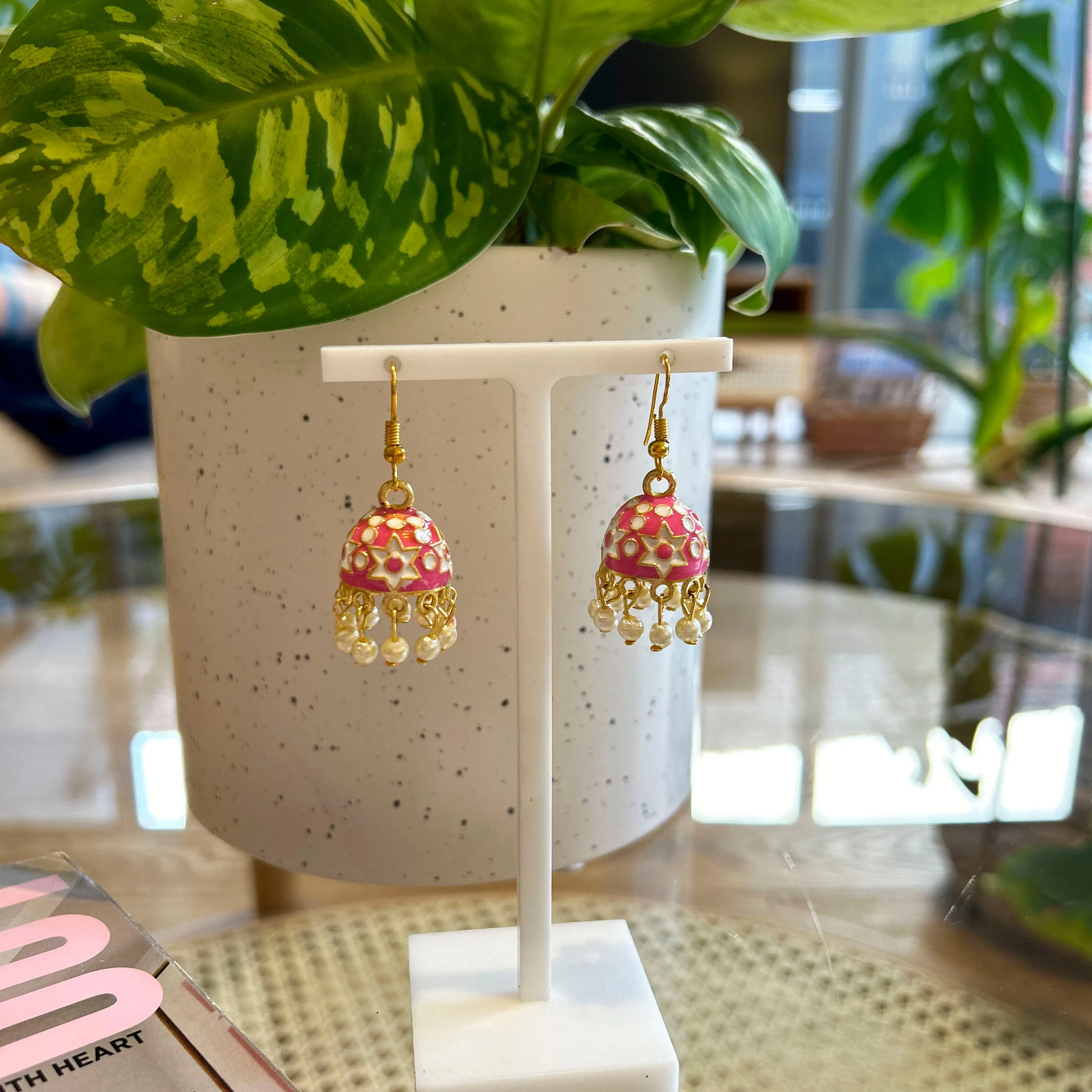 Jhumka Mini Pink Earrings Gold