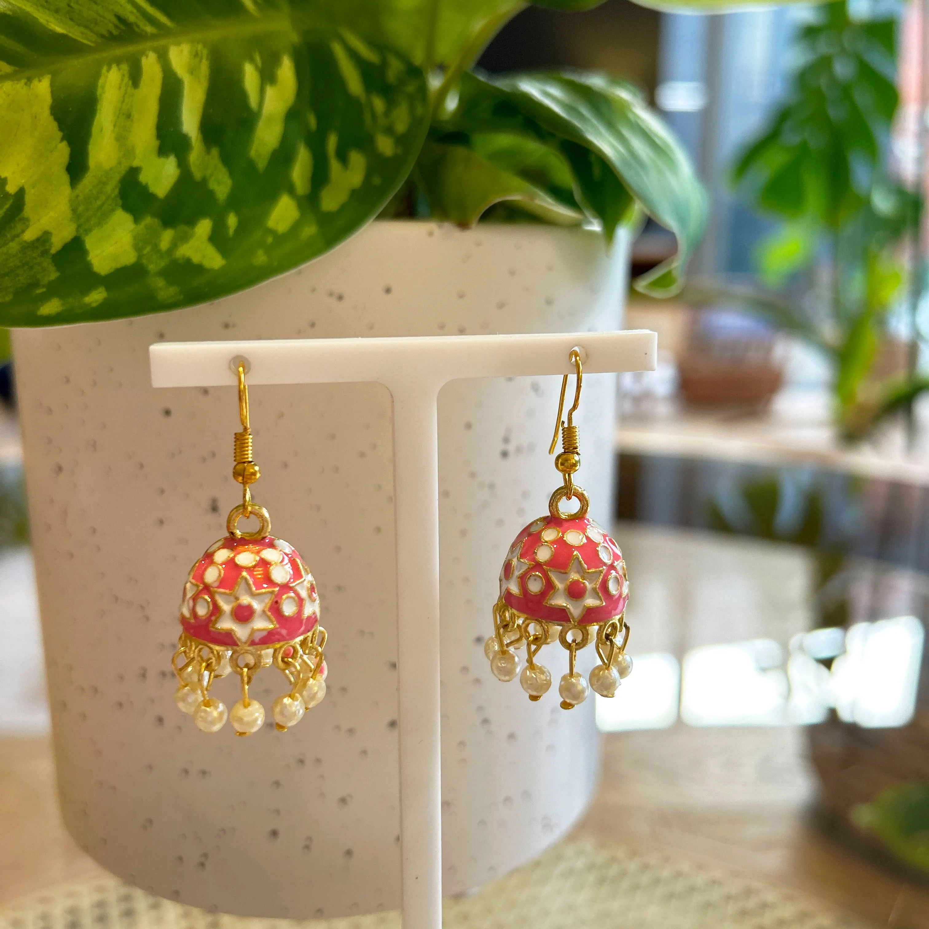 Jhumka Mini Pink Earrings Gold