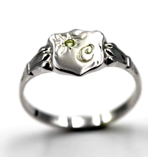 Kaedesigns, Genuine Childs Solid 9ct Green Peridot White Gold Shield Signet Ring   Engraving