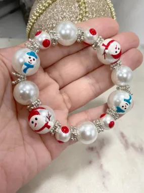 Ladies Christmas Hand Painted Snowman Glass Beaded Stretch Bracelet