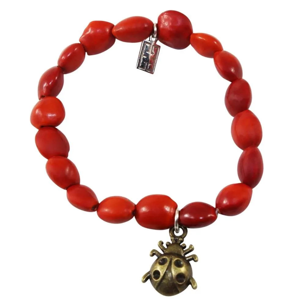 Ladybug Charm Stretchy Bracelet w/Meaningful Good Luck, Prosperity, Love Huayruro Seeds