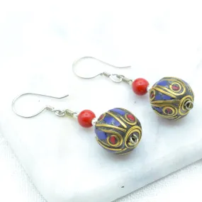 Lapis & Coral Round Earrings with Coral Bead