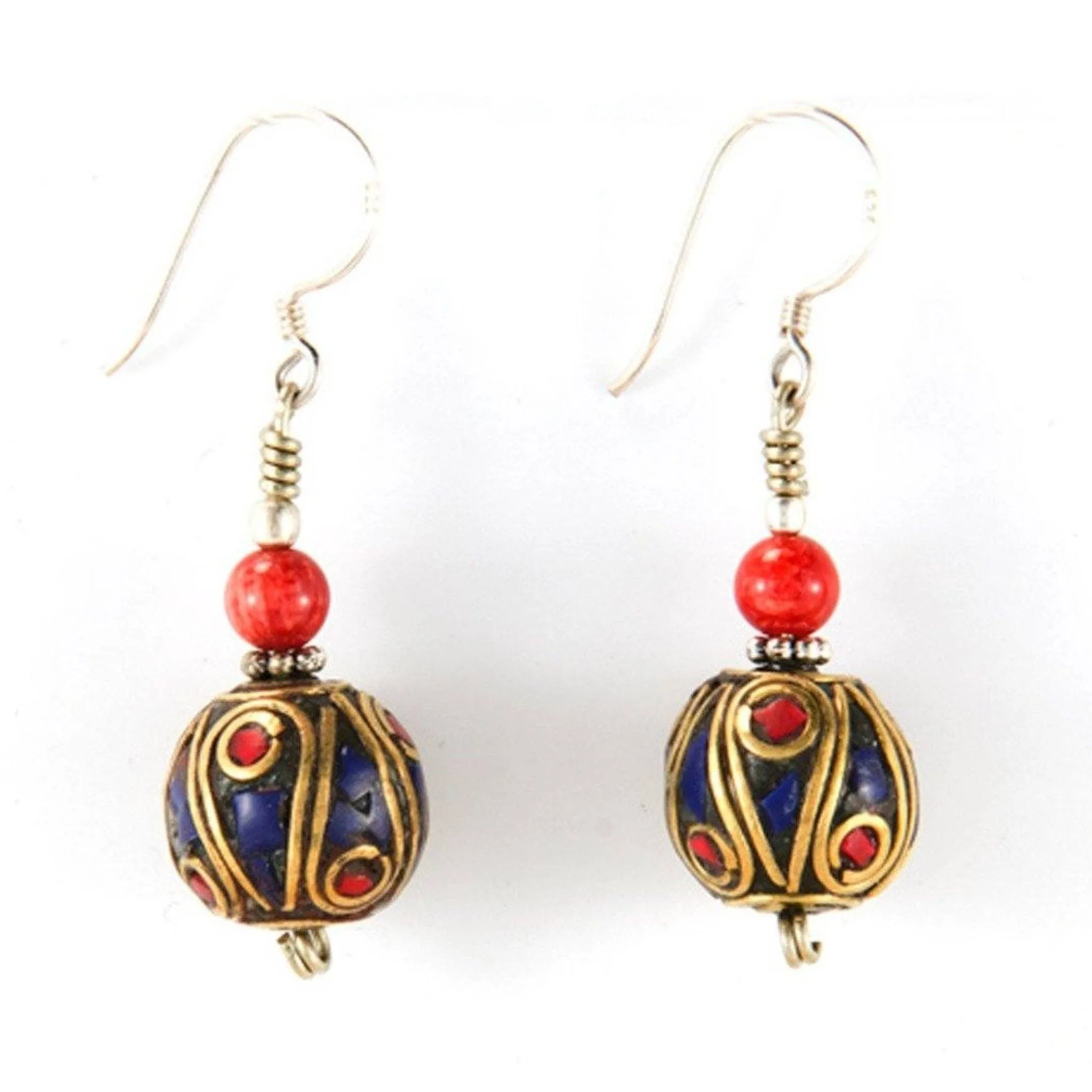 Lapis & Coral Round Earrings with Coral Bead