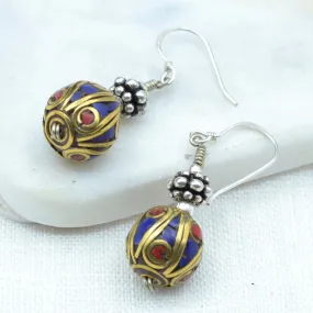 Lapis & Coral Round Earrings with Silver Bead