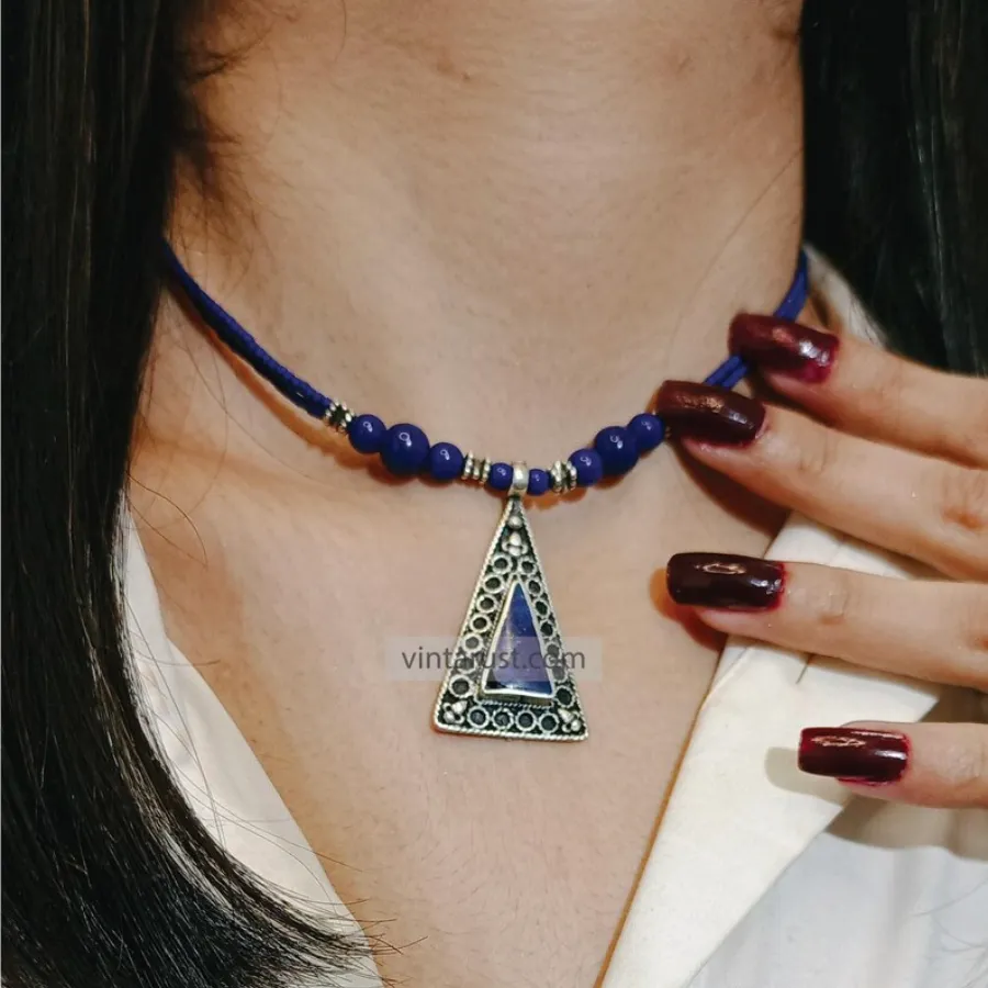 Lapis Beaded Chain Necklace Silver Triangle Pendant with Gemstone Ring