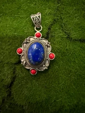 Lapis Lazuli Sterling Silver Pendant With Coral Accents