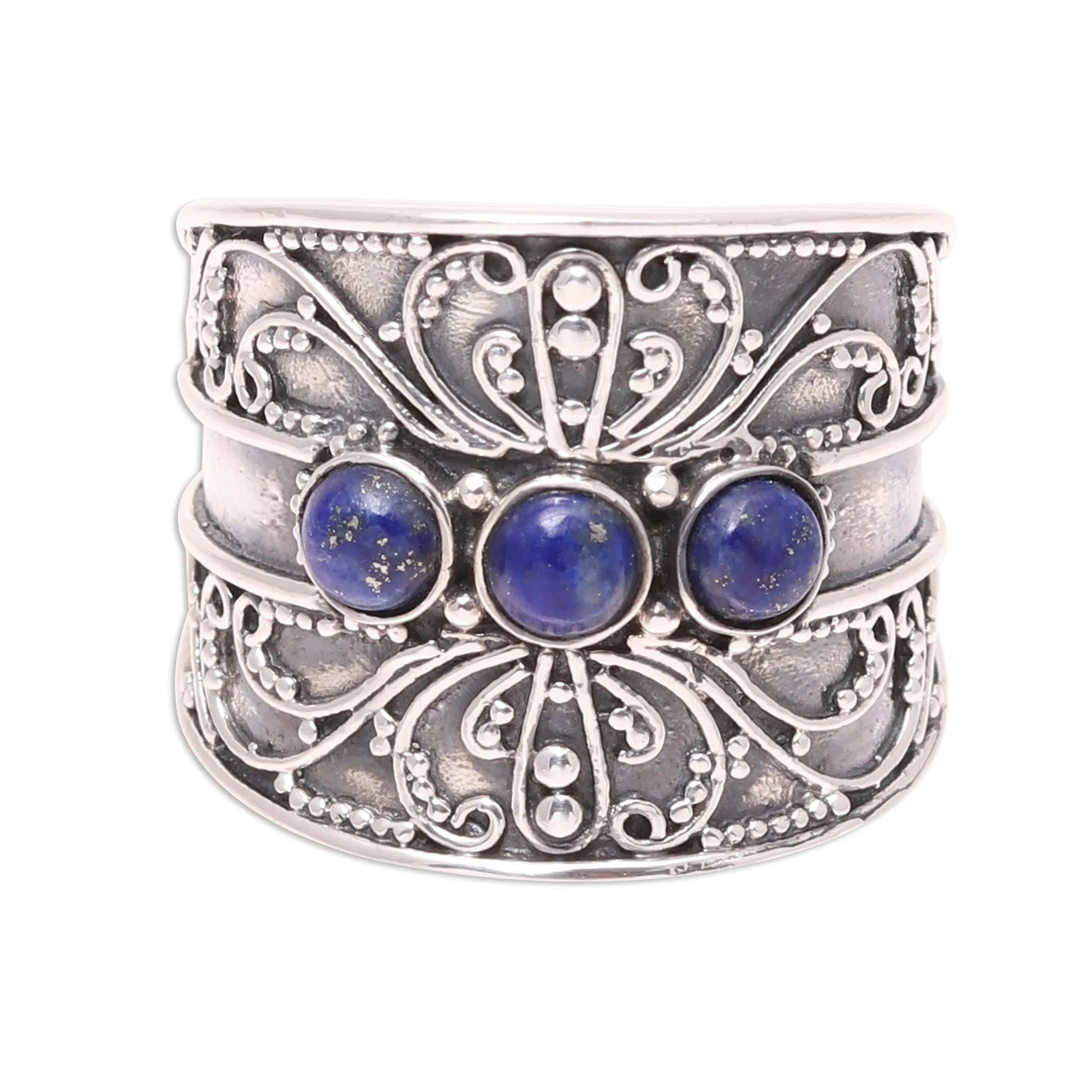 Lapis Lazuli Triple Stone Cocktail Ring from India - Antique Elegance | NOVICA