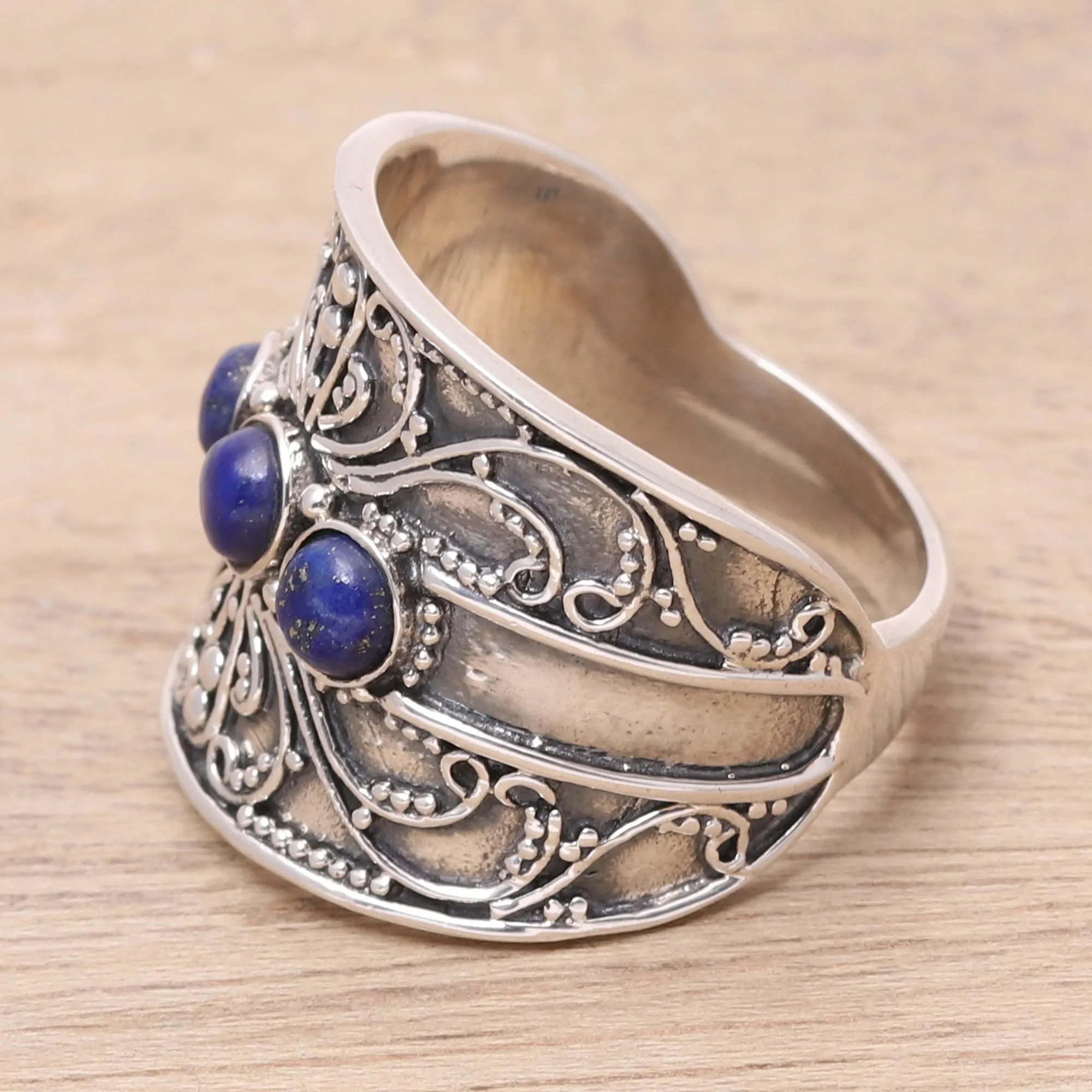 Lapis Lazuli Triple Stone Cocktail Ring from India - Antique Elegance | NOVICA