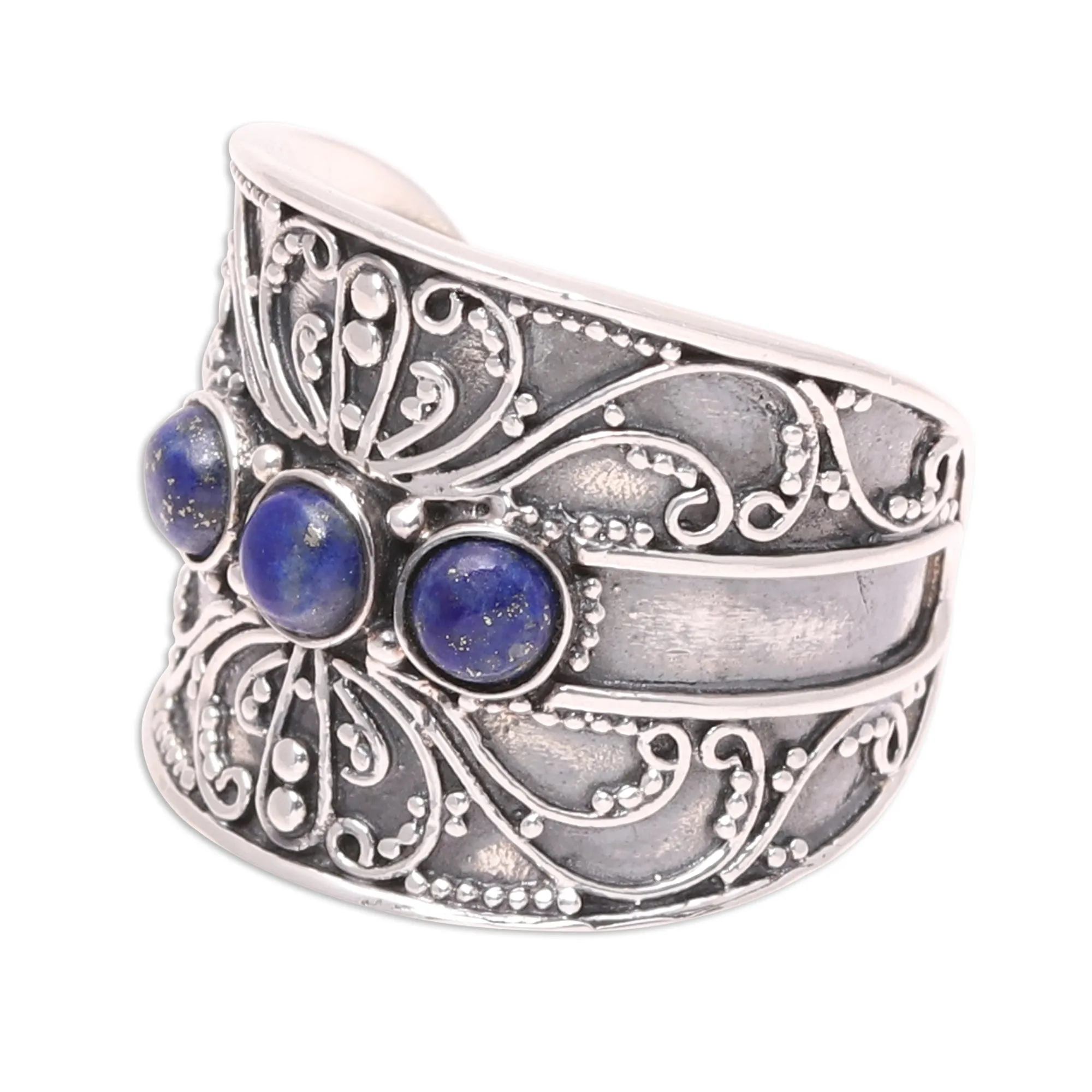 Lapis Lazuli Triple Stone Cocktail Ring from India - Antique Elegance | NOVICA