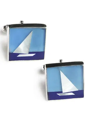 Lapis, Onyx & Mother of Pearl Sailboat Cufflinks