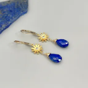 Lapis Sunflower Earrings Gold