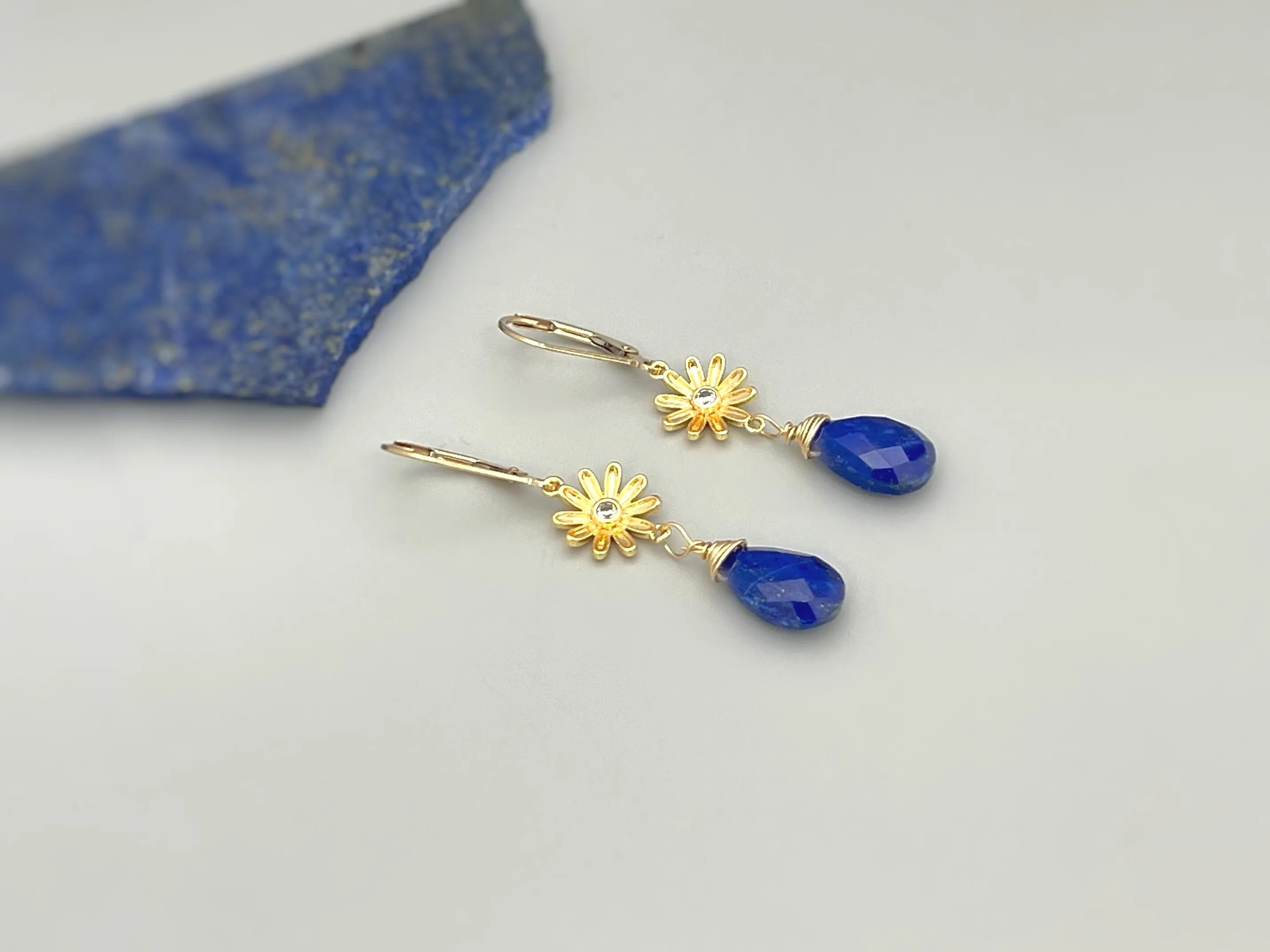 Lapis Sunflower Earrings Gold