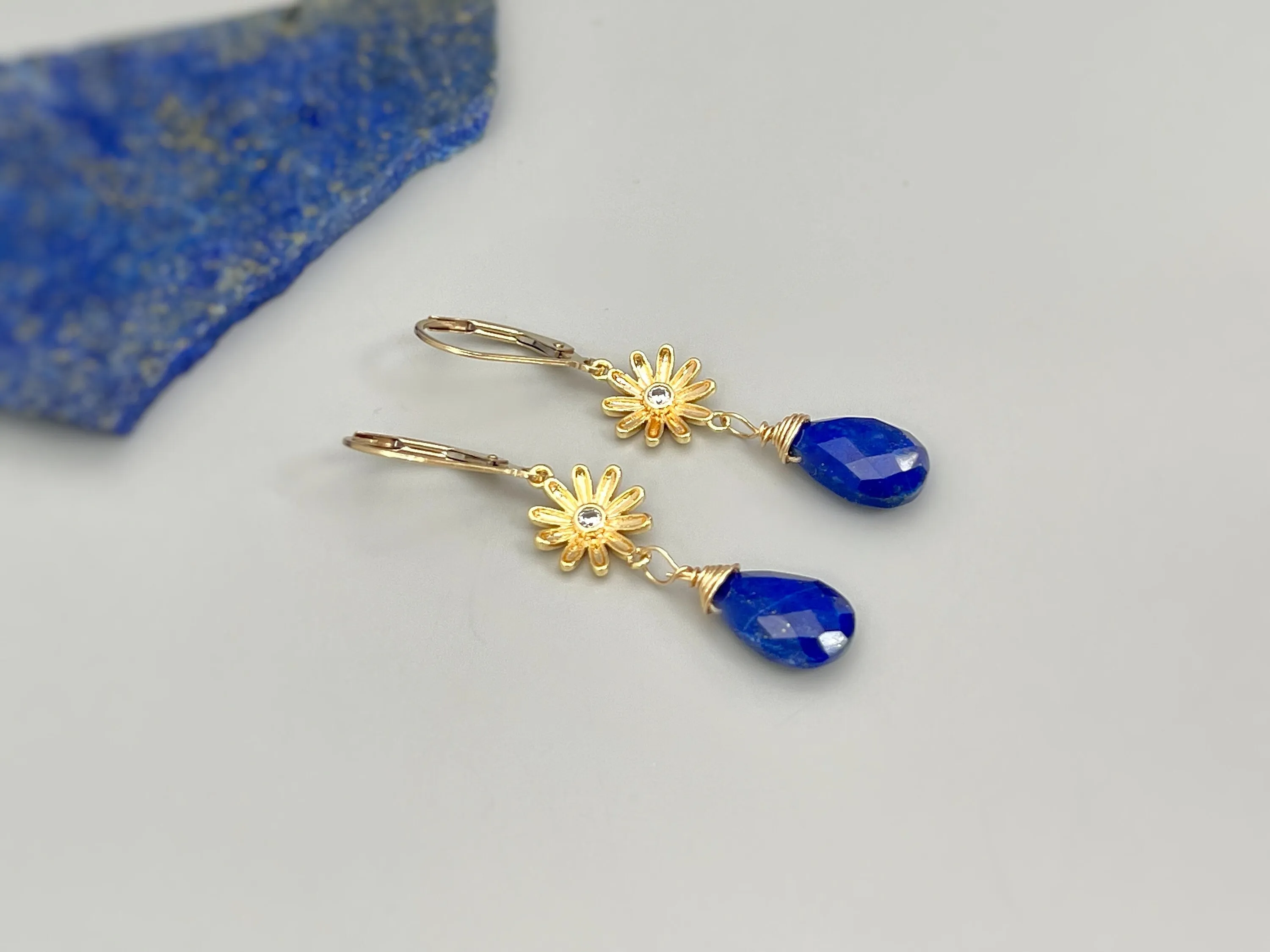 Lapis Sunflower Earrings Gold